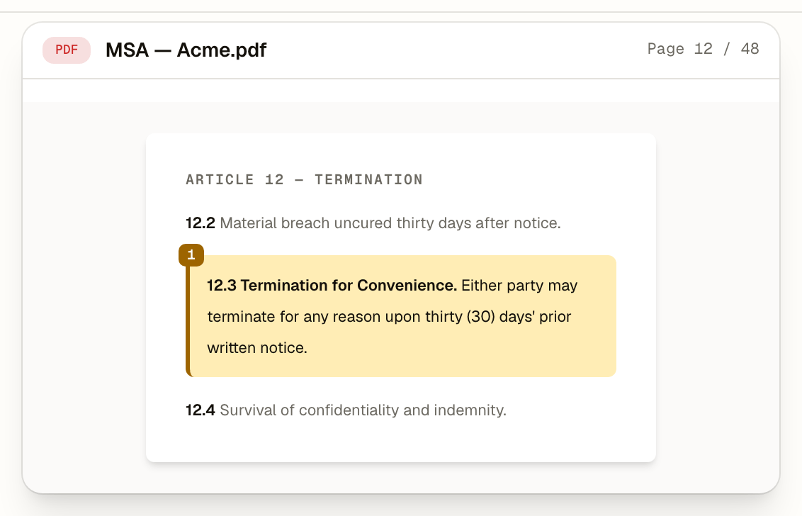 Cite document viewer showing page 12 of an MSA PDF with the cited clause highlighted and anchored to citation marker 1.