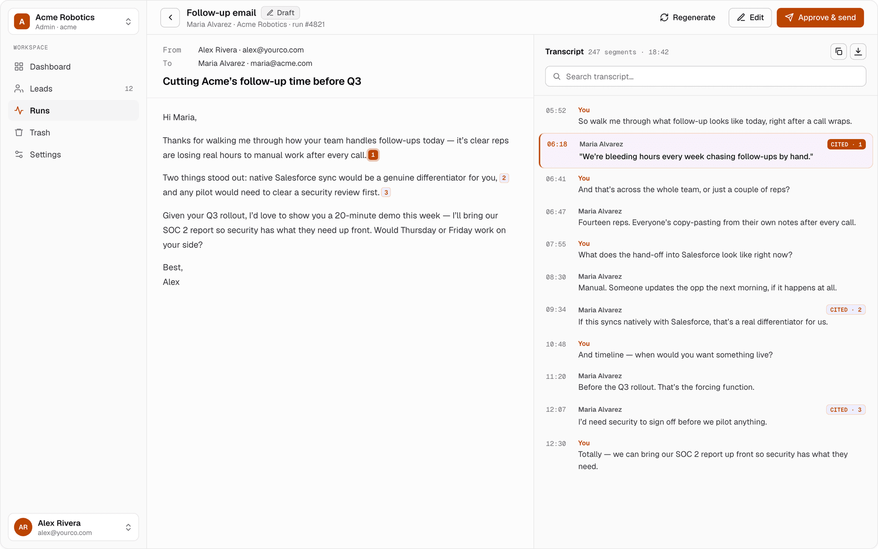 Sonar email-approval screen: a follow-up draft on the left with numbered citation chips, and the call transcript on the right with the cited segments marked.