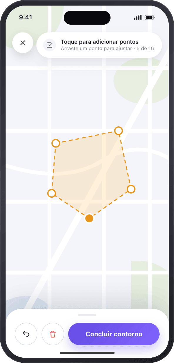 Desvia's area-drawing screen on a phone: a polygon traced over the map with draggable amber points and a 'Concluir contorno' button.