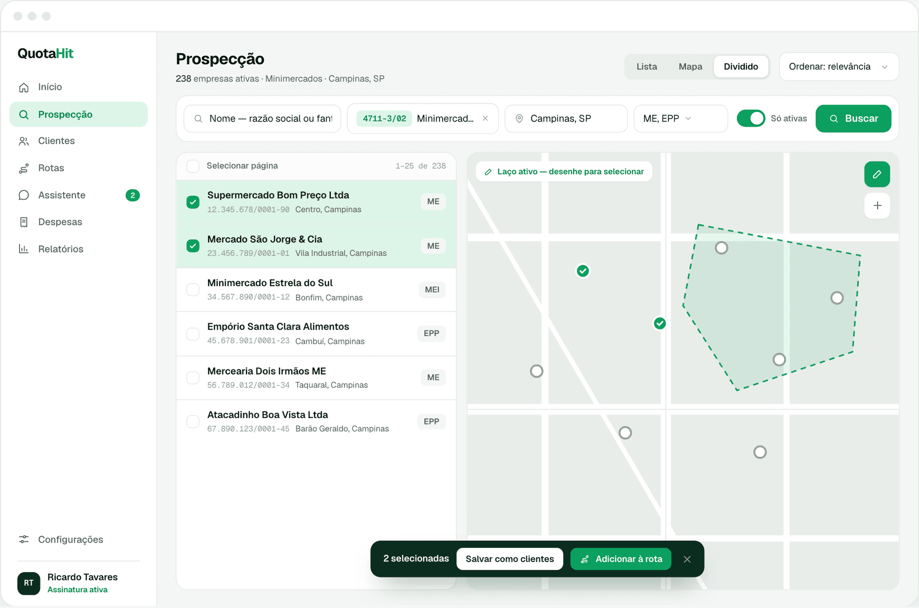 QuotaHit prospecting screen: a split list and map of companies filtered by CNAE and city, with two rows selected and a lasso polygon drawn over map pins.