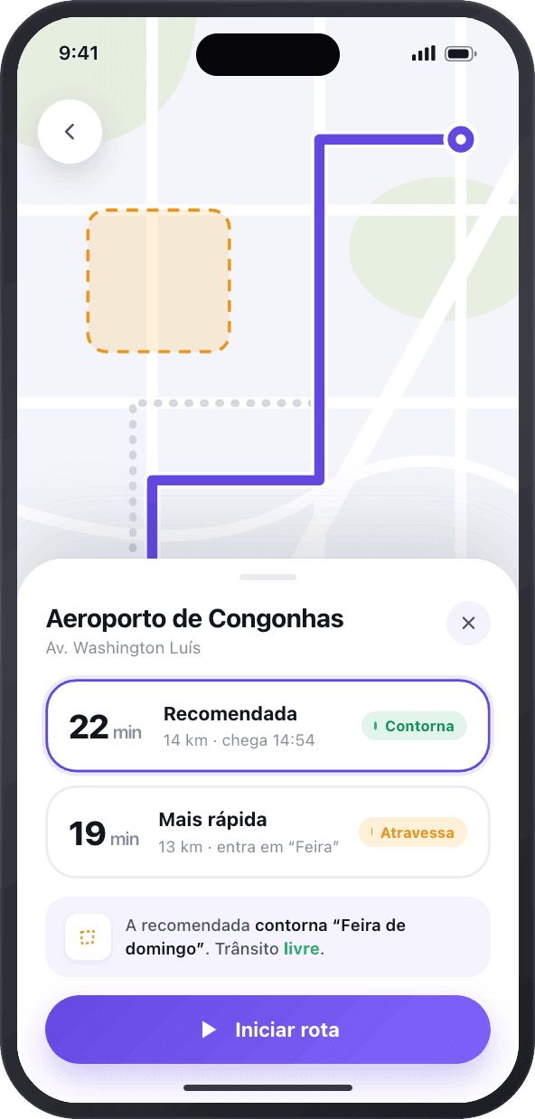 Desvia route screen to Aeroporto de Congonhas offering two options: a recommended 22-minute route that goes around the area, and a faster 19-minute route flagged for cutting through 'Feira'.