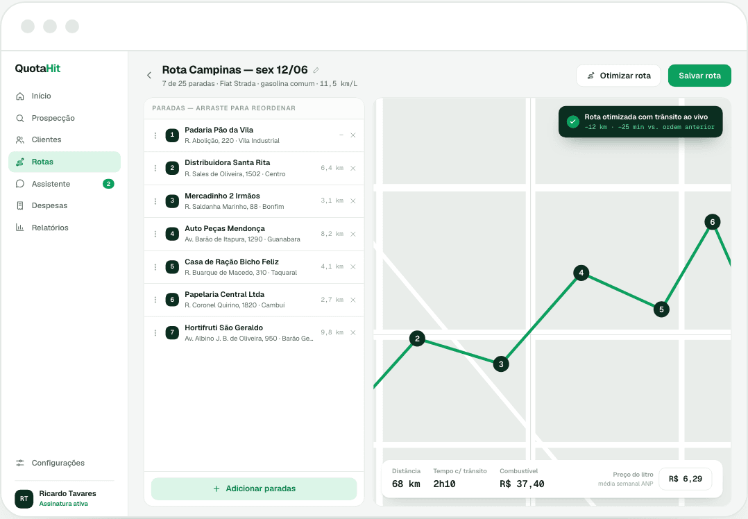 QuotaHit route builder: a drag-to-reorder list of seven stops beside an optimized route on the map, with total distance, time-with-traffic, and fuel cost.