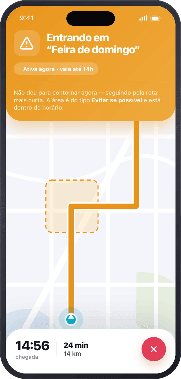 Desvia alert screen: 'Entrando em Feira de domingo', active now and valid until 14h, explaining that an avoid-if-possible area couldn't be skipped so it is taking the shorter route.