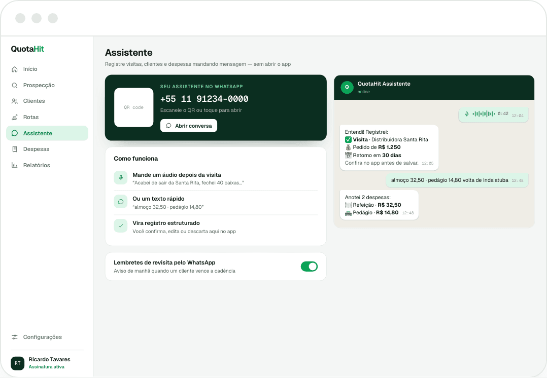 QuotaHit WhatsApp assistant screen: a QR to open the chat beside a conversation where a voice note becomes a structured visit record and two expenses awaiting confirmation.